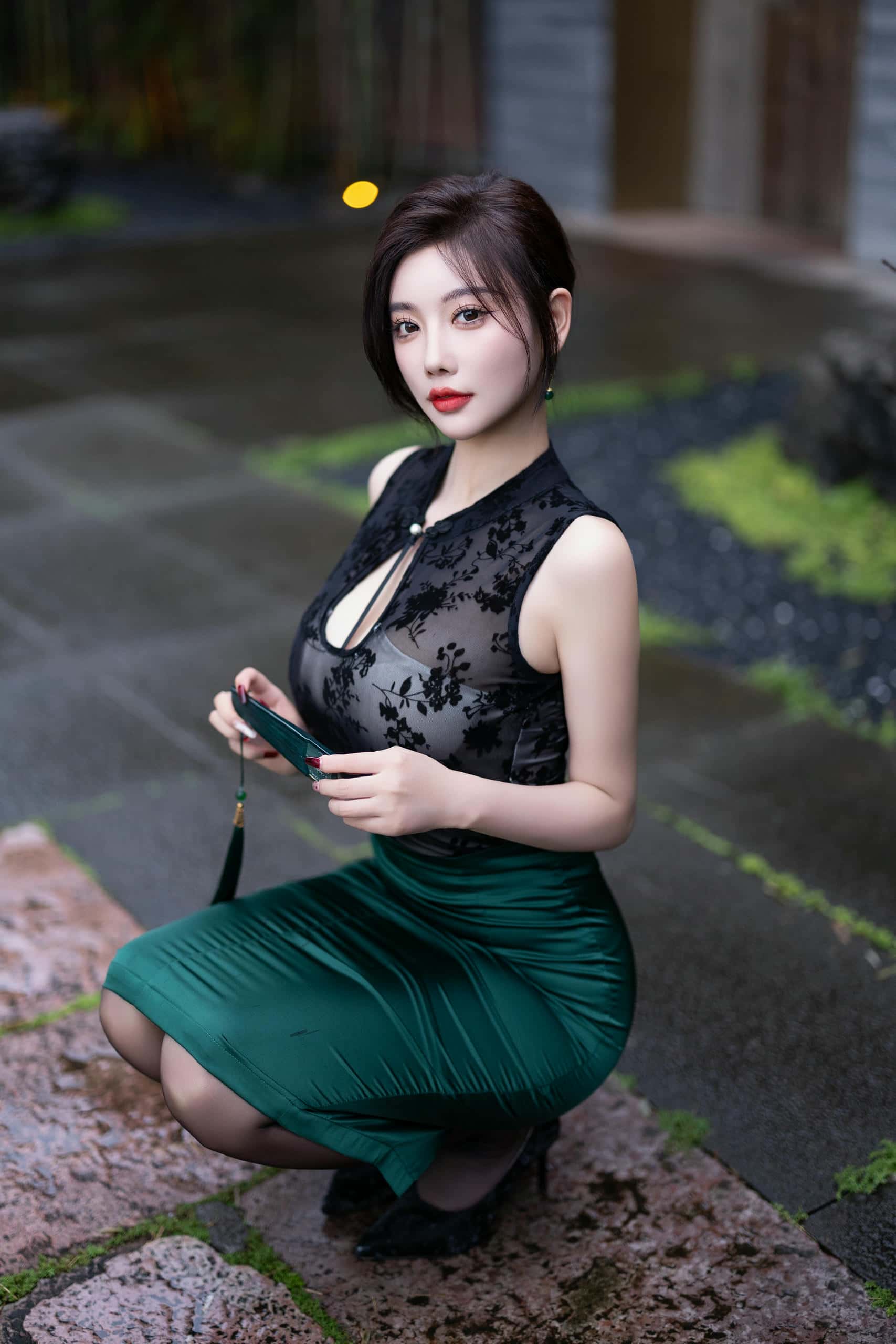 绿色旗袍 - 杨晨晨【87P】P50237-七七街拍